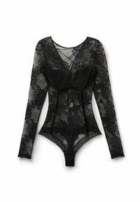 Bodysuit de encaje negro con largas mangas transparentes, patrón floral, escote en V y cierre de gancho. Presenta una cintura ajustada y tela de encaje elástico.