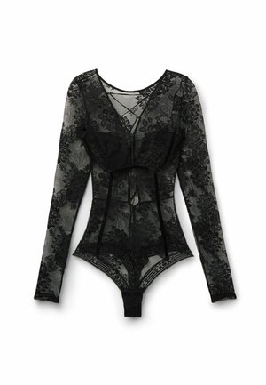 Bodysuit de encaje negro con largas mangas transparentes, patrón floral, escote en V y cierre de gancho. Presenta una cintura ajustada y tela de encaje elástico.