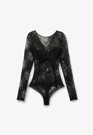 Bodysuit de encaje negro con largas mangas transparentes, patrón floral, escote en V y cierre de gancho. Presenta una cintura ajustada y tela de encaje elástico.