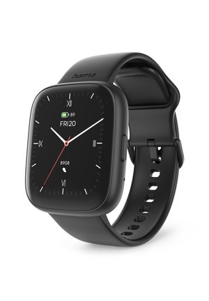 Square smartwatch with a black silicone strap, digital display showing the date and time, white and red accents, and battery indicator.