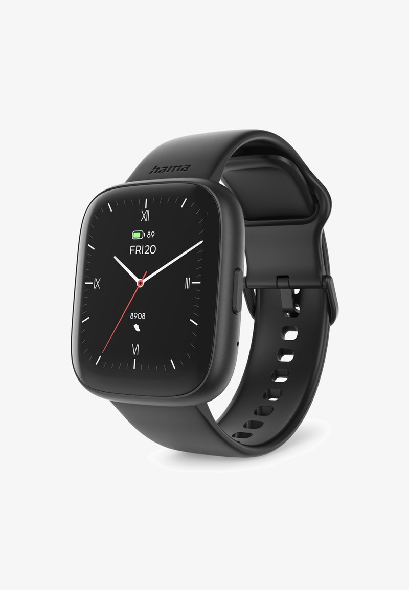 Square smartwatch with a black silicone strap, digital display showing the date and time, white and red accents, and battery indicator.