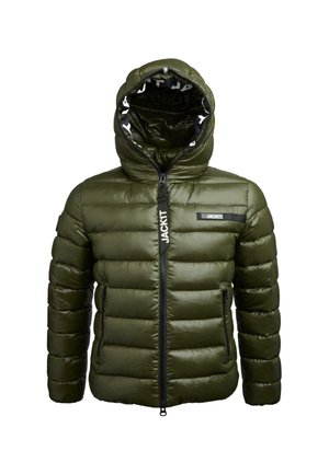 Olivgrüne gesteppte Pufferjacke mit Kapuze, Frontreißverschluss, mit Reißverschluss versehenen Seitentaschen und "JACKIT"-Logo auf der Brust und am Reißverschluss.