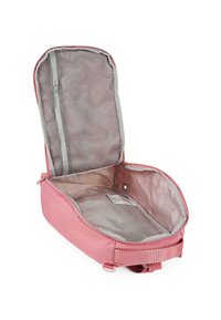 Bolso de aseo rectangular rosa abierto con un bolsillo de malla con cremallera en la tapa y un compartimento principal vacío con un forro gris claro.