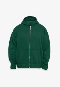 Grønn zip-up hettegenser laget av myk stoff, med kenguru-lomme og ordet "DROPSIZE" subtilt preg på brystet.