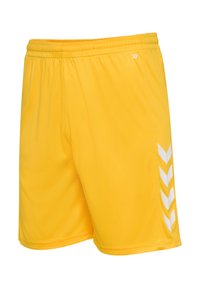 Geel sportieve shorts gemaakt van een sportieve stof, met een elastische tailleband en een wit chevronpatroon aan de zijkant.