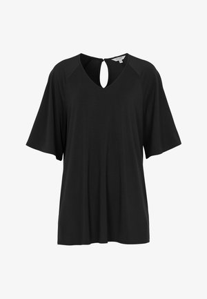 Zwarte t-shirt met korte mouwen, een losse pasvorm, een V-hals en een ronde uitsnijding op de rug. Gemaakt van gladde, lichte stof.