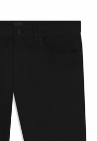Black pants made of a smooth, structured fabric. Features a button closure, belt loops, and a single front pocket. Simple, minimalist design.