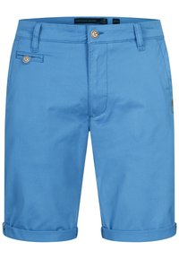 Lyseblå shorts lavet af bomuld, med et fladt frontdesign, rullede manchetter, to frontlommer og en detalje med en træknap.