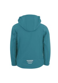 Tarnfarbene Softshell-Jacke mit Kapuze, featuring einer glatten Textur, drei reflektierenden Streifen auf dem Rücken und einer strukturierten Passform.