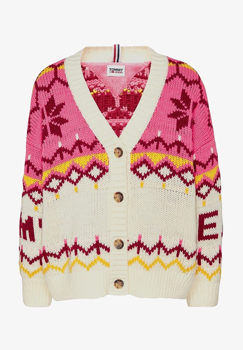 Cardigan en maille épaisse blanc, rose, jaune et marron avec motifs nordiques, boutons en bois, col en V et étiquette Tommy Jeans à l'intérieur du col.