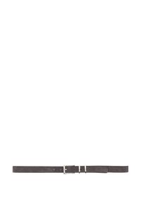 Dark gray suede belt with silver buckle and two silver loops, laid flat on a white background.