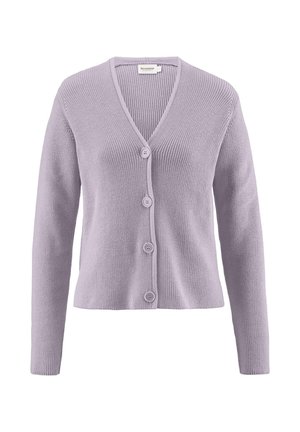 Helllila, gerippter Strickcardigan mit V-Ausschnitt, sieben Knöpfen auf der Vorderseite und langen Ärmeln. Weiche Textur und taillierte Passform.