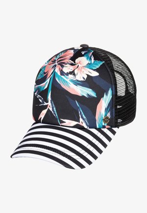 Casquette de baseball avec dos en mesh noir, panneau avant noir orné d'un imprimé floral rose et turquoise, et visière incurvée rayée noir et blanc.