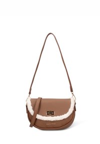 Borsa a tracolla in pelle marrone con bordatura in pelliccia bianca, chiusura a scatto dorata e logo Pierre Cardin sul davanti.