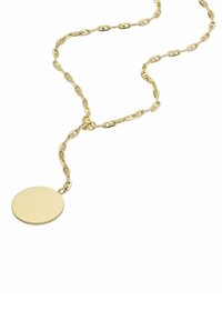 Collier en chaîne dorée avec des maillons ovales et un pendentif rond et lisse pour gravure. Surface simple et polie avec un design classique.
