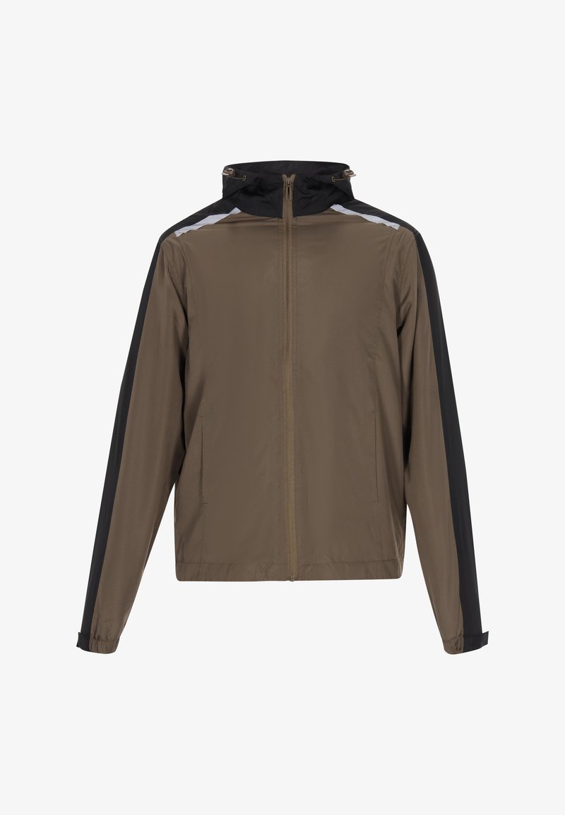 Jachetă ușoară maro cu mâneci negre, închidere cu fermoar pe față, glugă ajustabilă și manșete elastice. Textură netedă, fără modele vizibile.