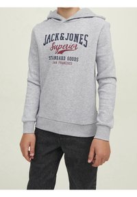 Felpa grigia in misto cotone, con tasca frontale, polsini a coste e stampa del logo in testo blu navy e rosso.