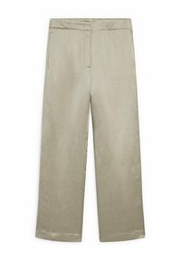 Pantalons larges beiges à taille haute, avec poches avant et finition lisse, présentés à plat sur un fond blanc.