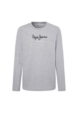 Pelēka garas piedurknes T-kreklu, kas izgatavots no mīkstas auduma. Tam ir apaļa kakla izgriezums un tumšā krāsā "Pepe Jeans London" logo uz krūtīm.