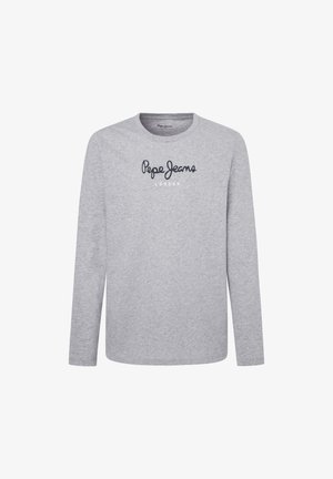 Camiseta de manga larga gris hecha de una tela suave. Presenta un cuello redondo y el logo "Pepe Jeans London" en letras oscuras en el pecho.