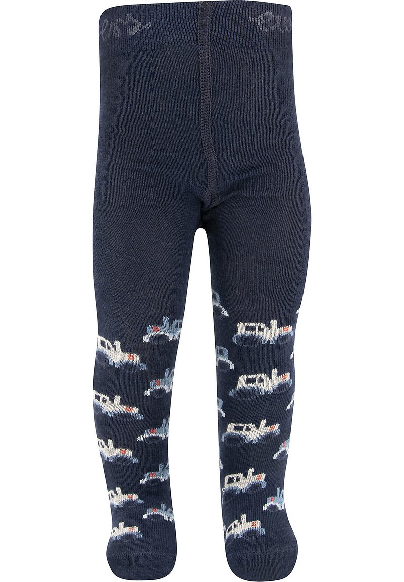 Marineblaue Strumpfhosen aus weichem Textil mit einem Muster aus kleinen Fahrzeugen in Hellblau und Weiß mit roten Akzenten.