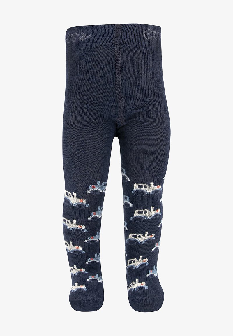 Marineblaue Strumpfhosen aus weichem Textil mit einem Muster aus kleinen Fahrzeugen in Hellblau und Weiß mit roten Akzenten.