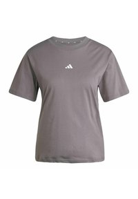 Camiseta gris de manga corta de Adidas con cuello redondo y pequeño logo blanco de Adidas centrado en el pecho.