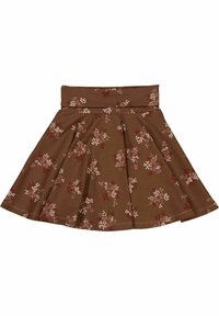 Hnědá květinová sukně vyrobená z měkké látky. Disponuje přiléhavým pasem a rozšířeným designem, s shluky bílých, růžových a červených květinových vzorů.