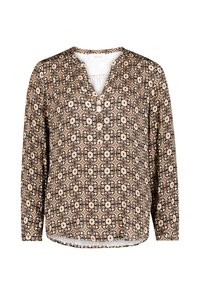 Langärmlige Bluse in Schwarz und Creme mit einem geometrischen Blumenmuster. Verfügt über einen V-Ausschnitt und eine Knopfdetaillierung auf der Vorderseite.