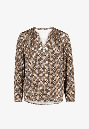 Langærmet bluse i sort og creme med et geometrisk blomsterprint. Har V-udskæring og knapdetalje foran.