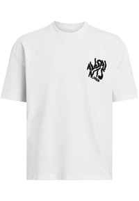 Camiseta de algodón blanca con un corte relajado, que presenta una impresión gráfica negra en el lado izquierdo del pecho que dice "ALLSAINTS LONDON."