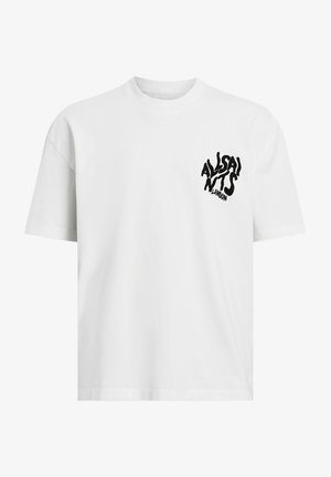 Bílý bavlněný tričko s uvolněným střihem, se černým grafickým potiskem na levé části hrudi, který zní "ALLSAINTS LONDON."