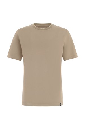 T-shirt beige à manches courtes et col rond avec une petite étiquette noire sur l'ourlet inférieur, sur fond blanc.