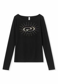 Schwarzes Langarm-T-Shirt mit einem Design aus Strasssteinen, die ein wirbelndes Galaxiemuster bilden, mit strahlenden Punkten in unterschiedlichen Größen.