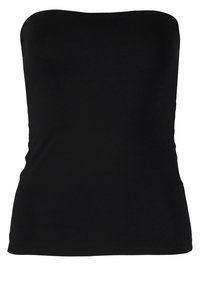 Zwarte strapless top gemaakt van glad, rekbaar stof. Heeft een aansluitend ontwerp dat de lichaamsvorm volgt, zonder zichtbare naden of versieringen.