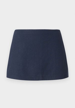 Jupe courte A-line bleu marine, faite d'un tissu léger texturé avec une taille lisse et sans motifs ni embellissements.