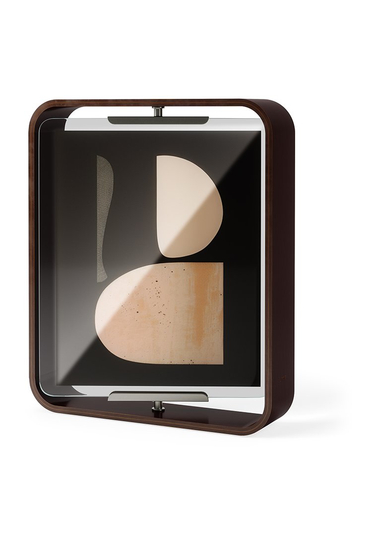 Prostokątna paleta do makijażu w ciemnym drewnianym ramach, z okrągłymi i abstrakcyjnymi kształtami w odcieniach kremowych i beżowych na czarnym tle.