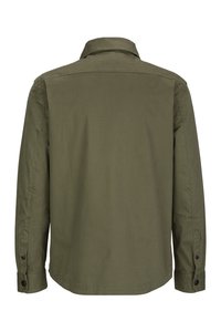 Olijfgroene gekraagde shirt van katoen, met lange mouwen en knoopmanchetten, en een rechte zoom, zichtbaar stiksel.