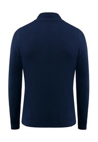 Jersey polo de manga larga azul marino, hecho de tela de punto suave, con cuello clásico y puños acanalados. Diseño sencillo y limpio.