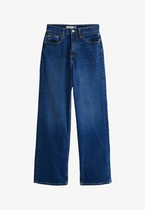 Tamsiai mėlynos plačios kelnės su priekinėmis ir užpakalinėmis kišenėmis, sagos ir užtrauktuko uždarymu bei kontrastingomis siūlėmis.