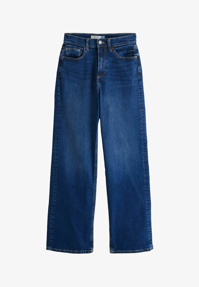 Jean large bleu foncé avec poches avant et arrière, fermeture par bouton et fermeture éclair, et surpiqûres contrastantes.