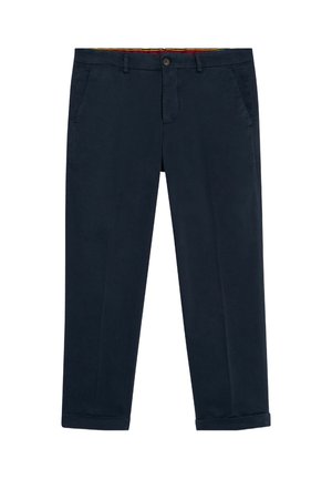 Marineblauwe chino's met een reguliere pasvorm, voorzien van zijzakken, een knoopsluiting en opgerolde mouwen voor een casual uitstraling. Gladde katoenstof.