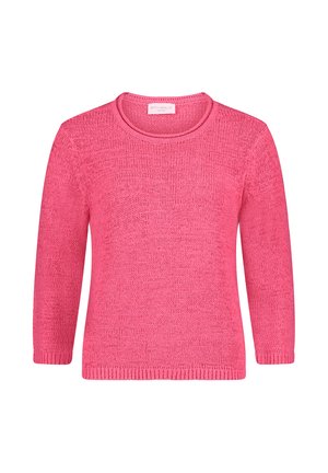 Leichter, langärmliger rosa Pullover mit rundem Ausschnitt, strukturiertem Strickmuster und geripptem Saum. Weicher Stoff mit lockerem Sitz.