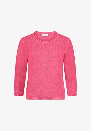 Lekki, różowy sweter z długim rękawem, okrągłym dekoltem, teksturowanym wzorem dzianiny oraz ściągaczem na dole. Miękki materiał o luźnym kroju.