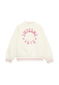 Witte sweatshirt met elastische boorden en tailleband. "AWESOME LOVE" in het roze, gestyled met harten, op de achterkant. Gladde textuur en geribde kraag.