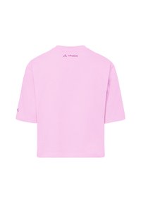 T-shirt a maniche corte di colore lilla chiaro vista da dietro con il logo "VAUDE" stampato sotto il collo e sulla manica sinistra.