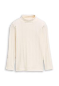 Crème-kleurige geribbelde coltrui met een fitted ontwerp en lange mouwen, met een gladde textuur en subtiele verticale patronen.