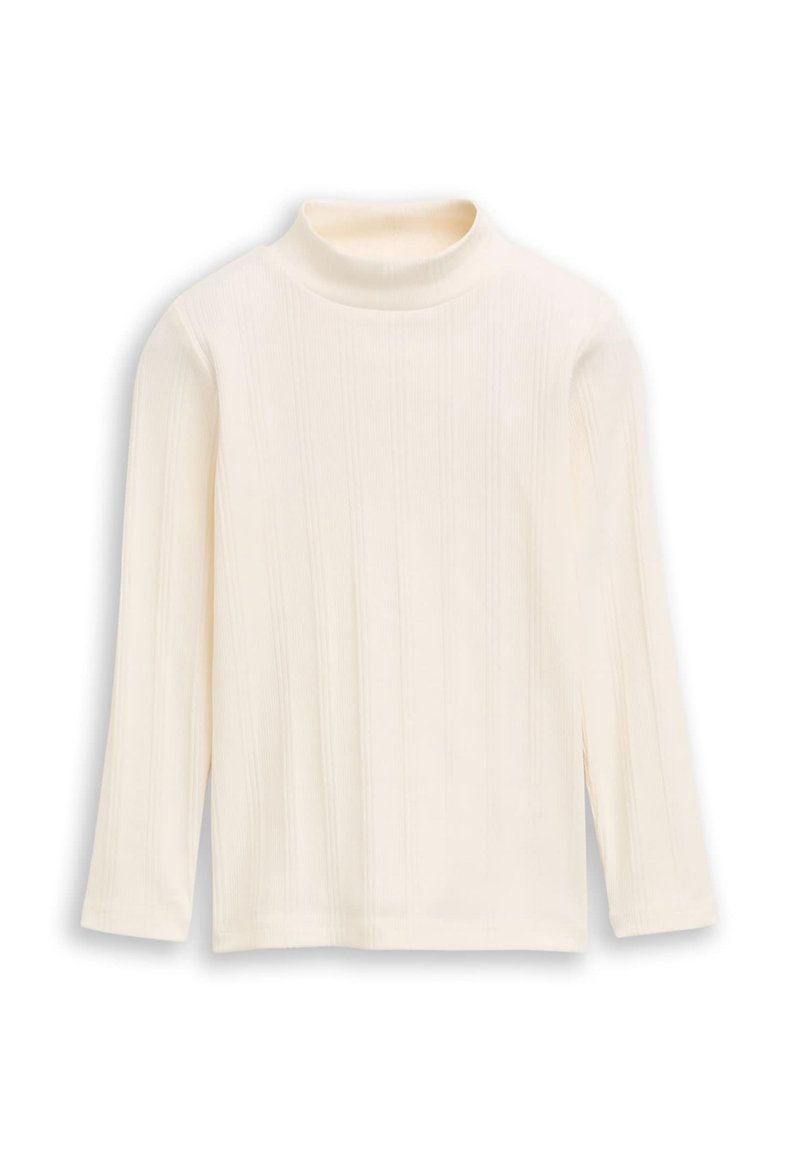 Crème-kleurige geribbelde coltrui met een fitted ontwerp en lange mouwen, met een gladde textuur en subtiele verticale patronen.