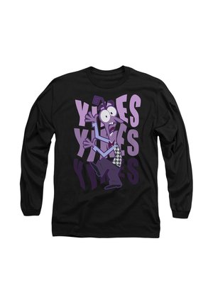 Long-sleeve black t-shirt featuring a cartoon character in purple tones, with "Yikes" repeated in bold purple text in the background.