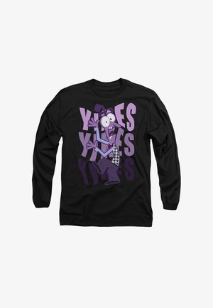 Long-sleeve black t-shirt featuring a cartoon character in purple tones, with "Yikes" repeated in bold purple text in the background.